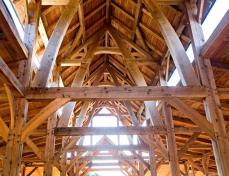 interior of timber frame barn in oregon under construction